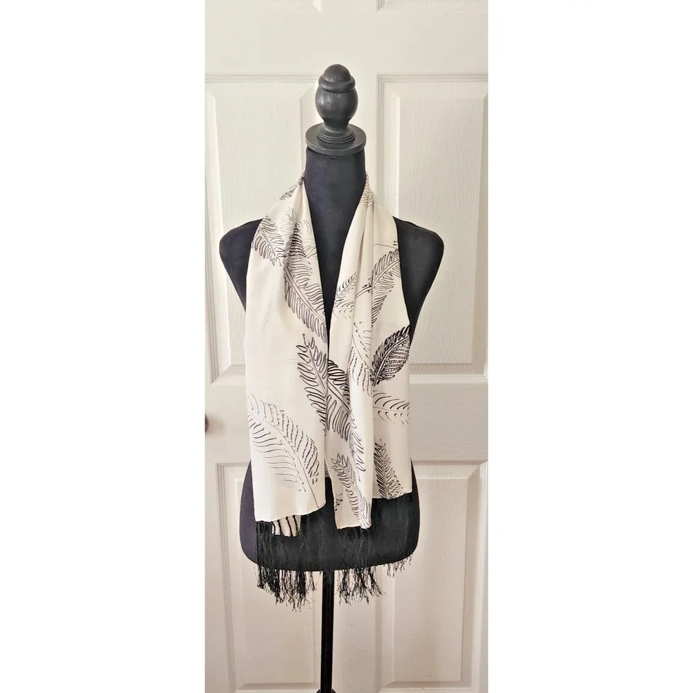 Allison W Black and White Feather Print Silk Oblong scarf  48
